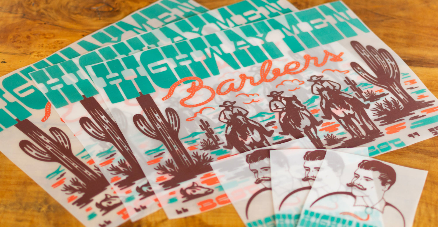 Barbershop-themed heat transfers.