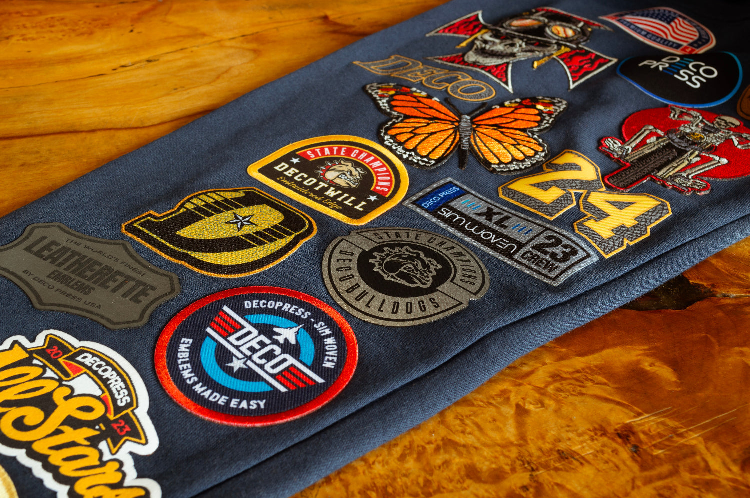 Collection of various embroidered patches.