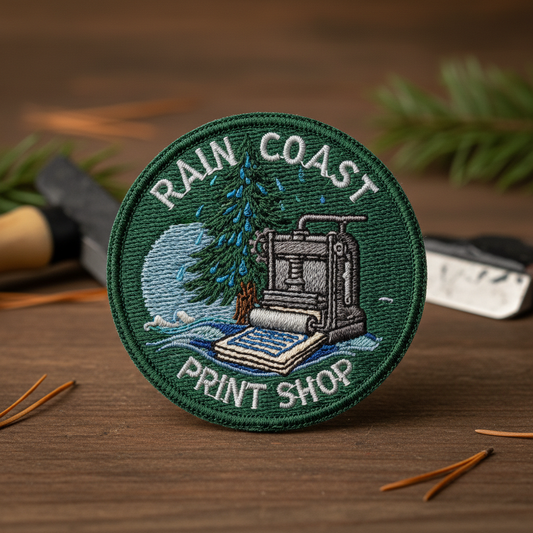 Embroidered Patch of the Rain Coast Print Shop Logo 