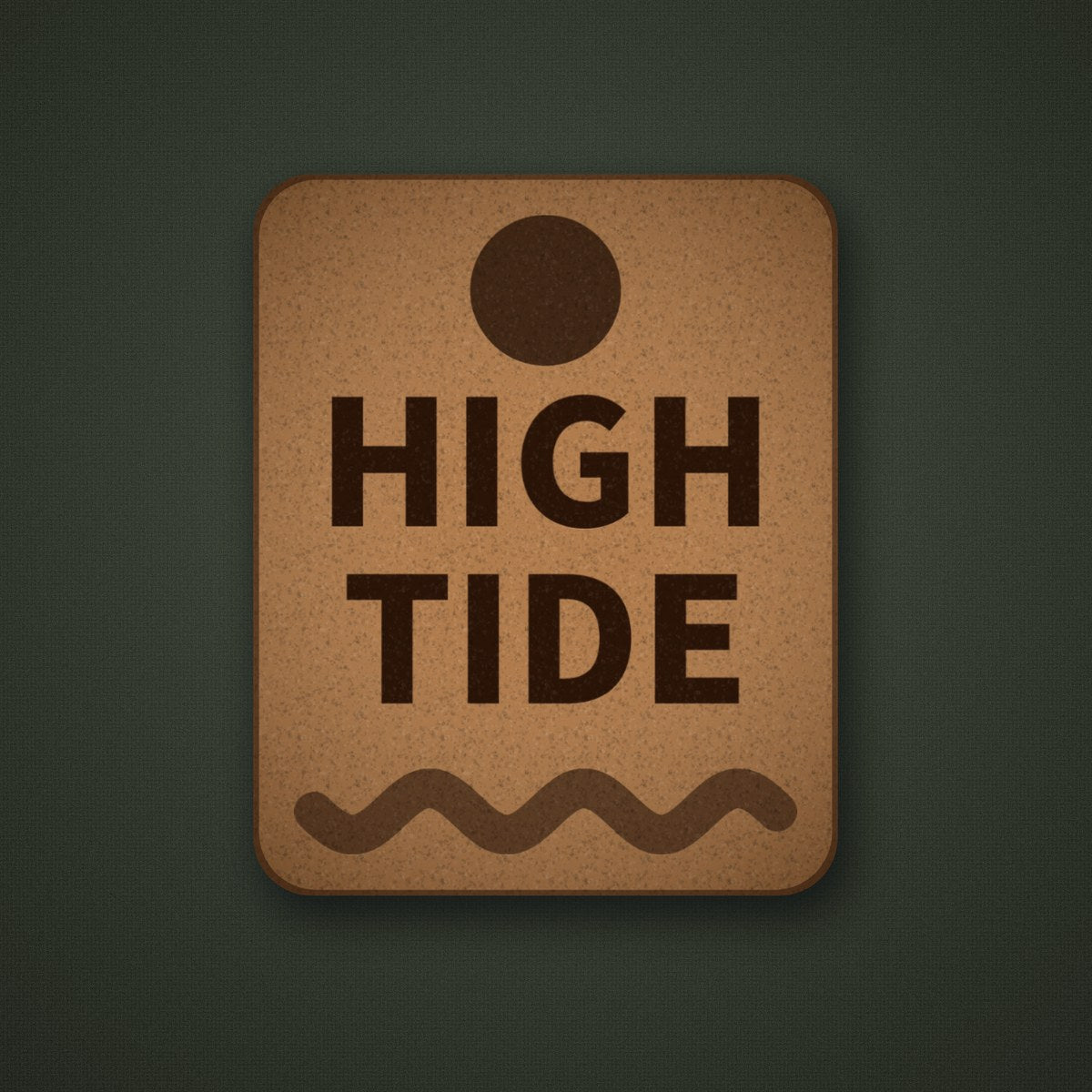 Example leather patch: light brown rectangle leather patch with a laser engraved HIGH TIDE design
